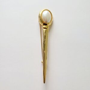 Vintage Long Bar Brooch Pin Faux Pearl 3 1/4" Long Gold Tone Fashion Jewelry